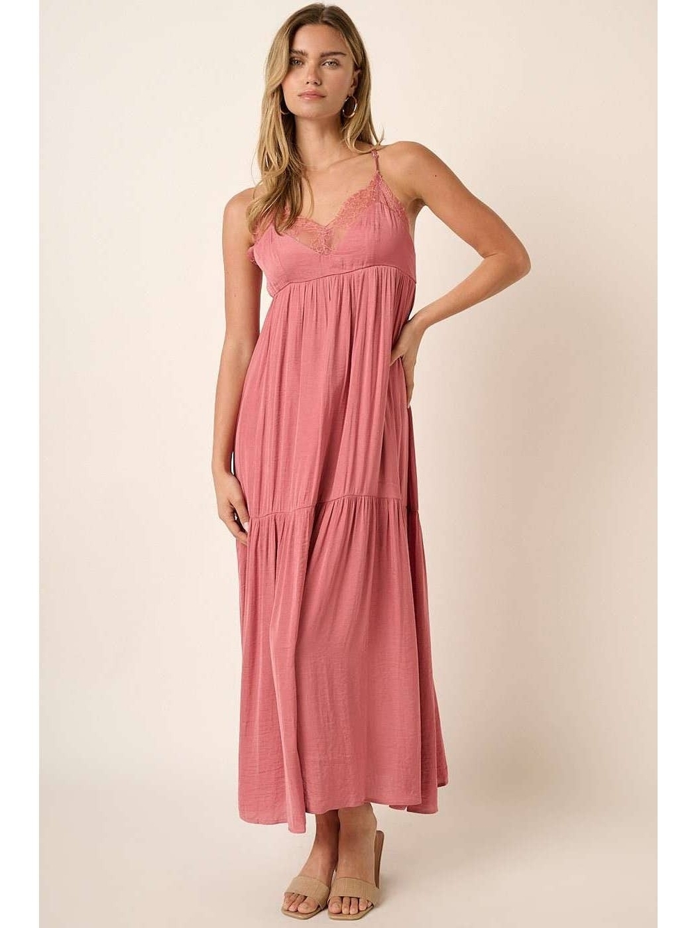 Lace-Trim Pink Maxi Dress - Sleeveless Summer Dress